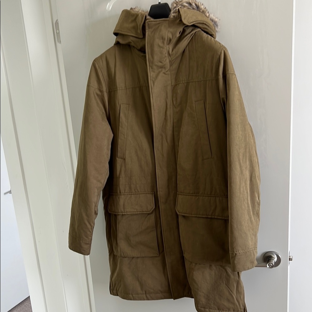 Zara Men's Green Hooded Parka Coat